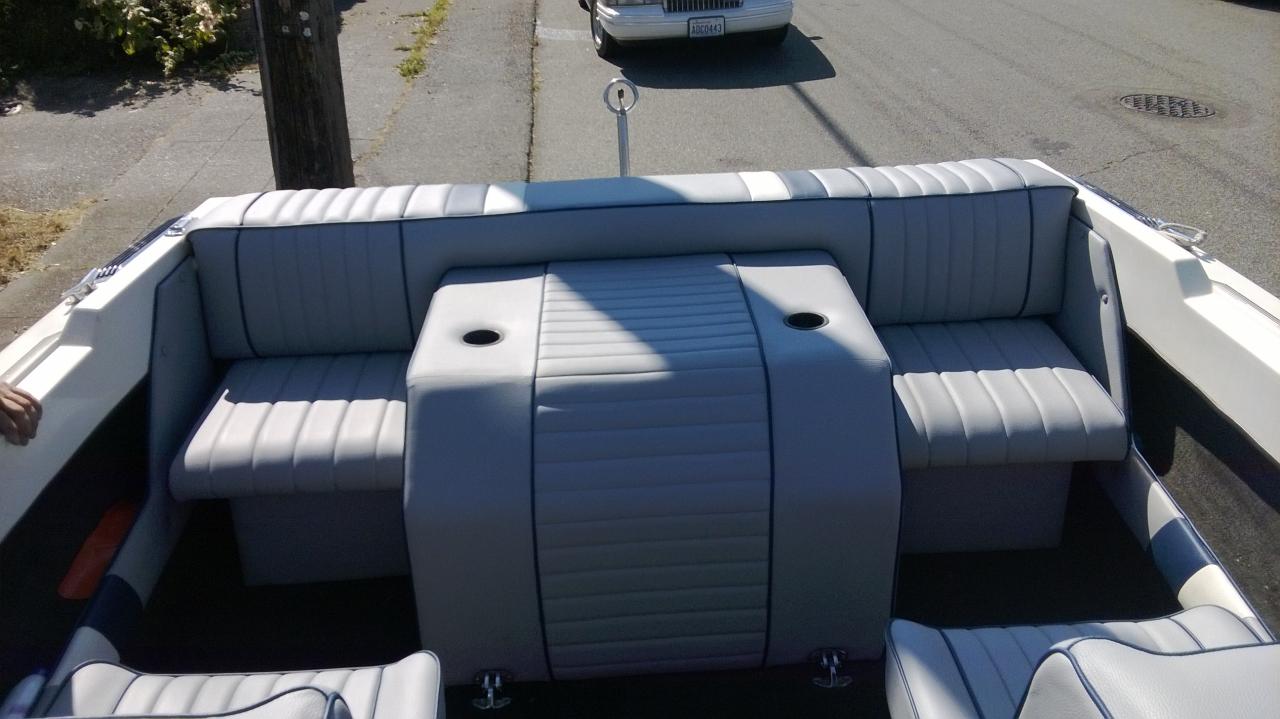 Blue and white boat seats